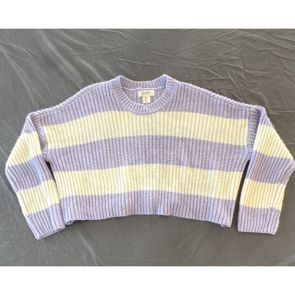 Jessica Simpson Women’s Large Purple/White Striped Cropped Rib-Knit Crew Sweater